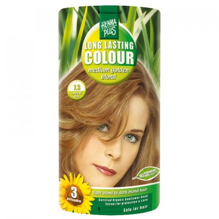 Sytě zlatá blond dlouhotrvající barva na vlasy 7.3 Hennaplus - chrání strukturu vlasů i barvu před UV zářením, vydrží 3 měsíce - 8710267491375